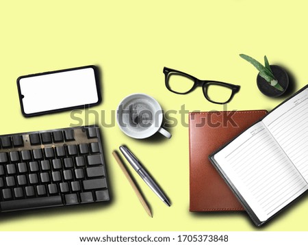 Desk with ideas about business incentives, phones, notebooks, business, work from home,Work, desk,home