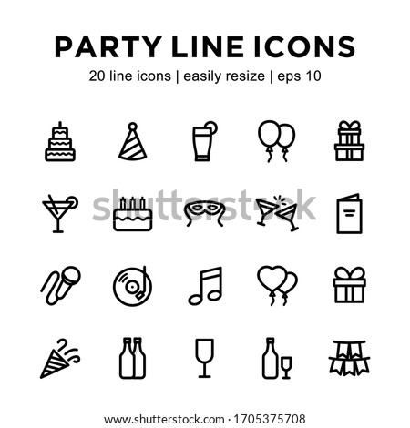 party icon set, contains party hat icons, masks, balloons, gift bottles and more with a white background.