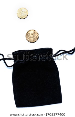 Empty black money bag on a white background and two euro cent coins, concept of savings, storage, growth, accumulation, decline.