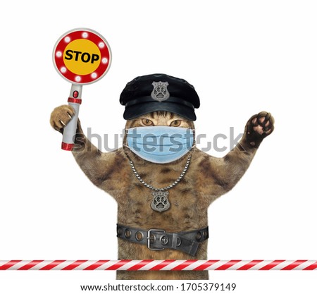 The beige cat policeman in a surgical protection face masks holds a stop sign. Quarantine. Coronavirus. White background. Isolated.