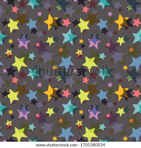 Colourful irregular stars on dark background. Pattern for fabric, backgrounds, wrapping, textile, wallpaper, apparel. Vector illustration