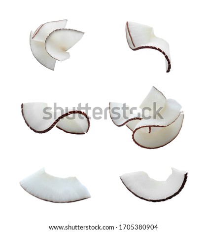 Set with fresh coconut flakes isolated on white Royalty-Free Stock Photo #1705380904