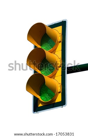 Green traffic light isolated on white. Clipping path included