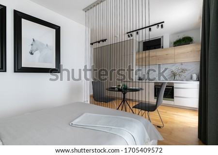 Small studio apartment interior with kitchen area and rope screen Royalty-Free Stock Photo #1705409572