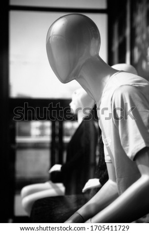 An expressionless, numb, fake model in a shop window