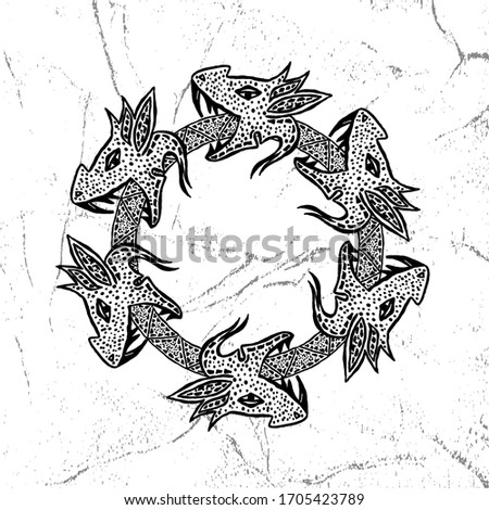 Art dragon symbol with many heads, abstract ouroboros snake esoteric symbol
