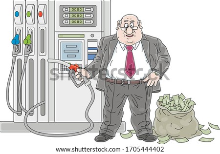 Gas station, a fat greedy businessman with a fuel nozzle and a bag full of money, vector cartoon illustration isolated on a white background