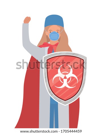 woman doctor hero with cape and shield against 2019 ncov virus design of Covid 19 cov infection disease symptoms and medical theme Vector illustration