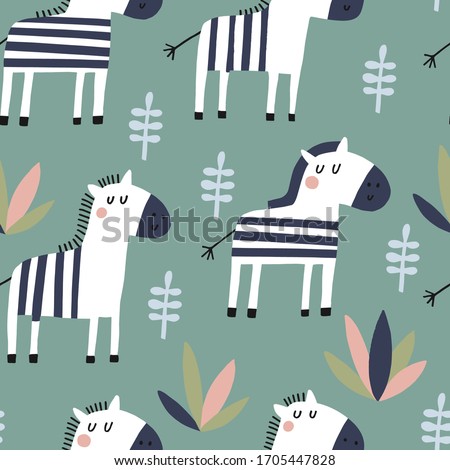 Baby seamless vector pattern. Cute zebra on green background. Creative scandinavian kids texture for fabric, textile, wallpaper, apparel. Vector illustration in pastel colours.