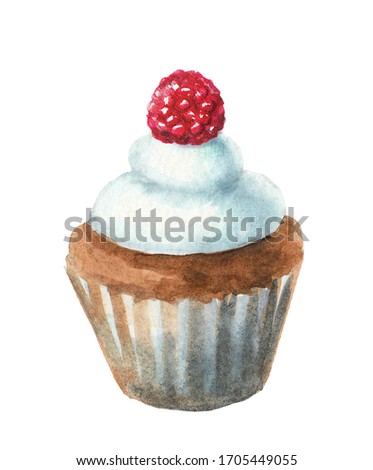 Watercolor cupcake with raspberry, isolated on white