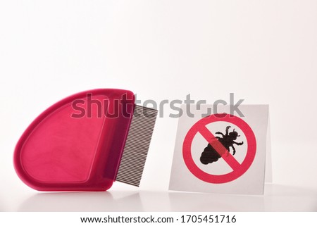 Concept of lice removal with comb and poster with drawing of prohibited lice. Horizontal composition. Front view