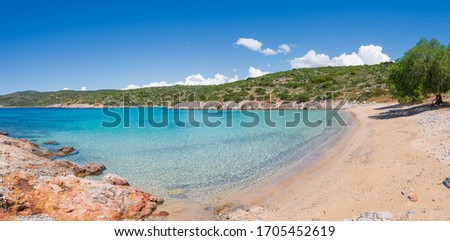 Panoramic image of Agia Dynami Beach on Chios Island, Greece.