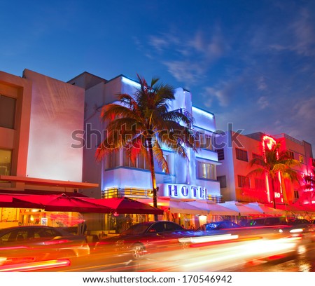 Miami Beach, Florida  hotels and restaurants at sunset on Ocean Drive, world famous destination for it's nightlife, beautiful weather and pristine beaches