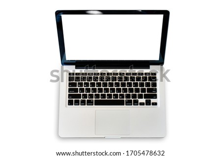 Clipping Path. Real A Laptop modern isolated and white screen on white background view. Business office image. Top view(Flat lay) of a notebook.
