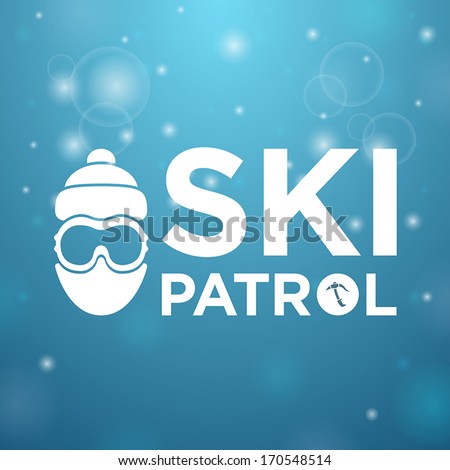 Ski patrol and icon man on blue background and snow