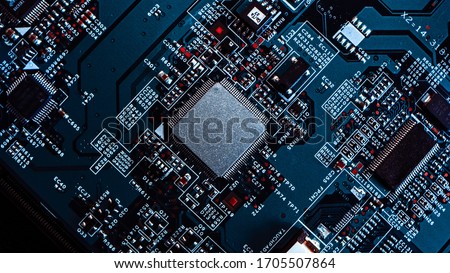 Macro Close-up Shot of Microchip, CPU Processor on Black Printed Circuit Board, Computer Motherboard with Components Inside of Electronic Device, Part of Supercomputer. Royalty-Free Stock Photo #1705507864
