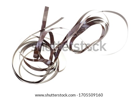 Magnetic audio cassette tangle. Old audio cassette unwound tape on white background. VHS Internal ribbon tape. Royalty-Free Stock Photo #1705509160