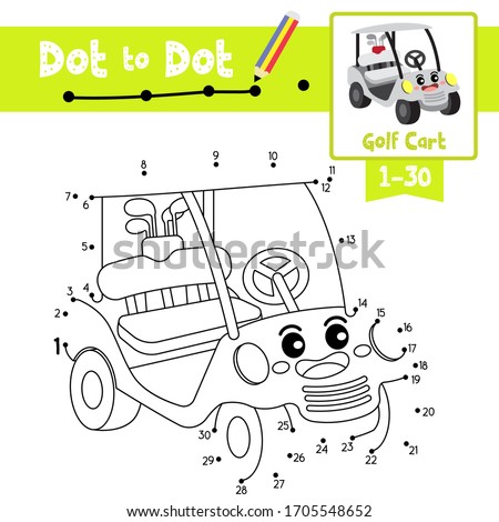 Dot to dot educational game and Coloring book of Golf Cart cartoon transportations for kids activity about counting number 1-30 and handwriting practice worksheet. Vector Illustration.