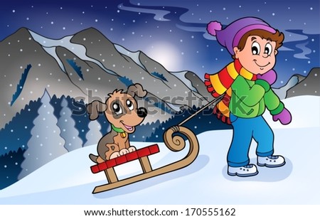 Boy with dog on sledge in winter - eps10 vector illustration.