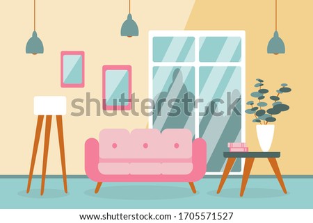 Modern interior of a living room with furniture. Design of a cozy room with sofa, lamp, table, window and decor accessories. Flat style vector illustration.