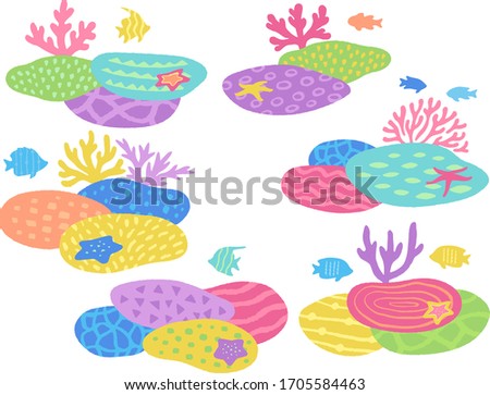 Coral and tropical fish hand drawn style illustration set