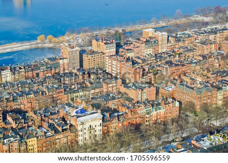 Aerial view of historical row houses in beacon hill and Charles River esplanade Boston Massachusetts usa