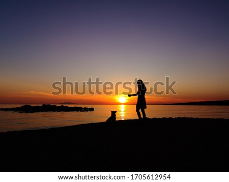 Attractive woman and her Pembroke Welsh Corgi dog playing on the beach during the sunset over the ocean, lifestyle summer wallpaper, copy space