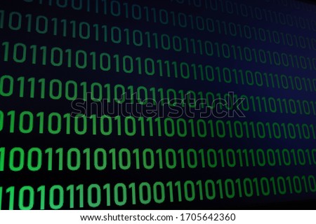 Hacker background, green binary number on computer monitor, black background
