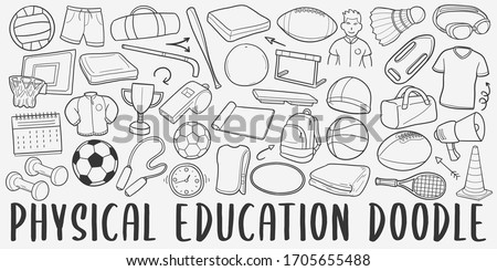 Physical Education Doodle Line Art Illustration. Hand Drawn Vector Clip Art. Banner Set Logos.