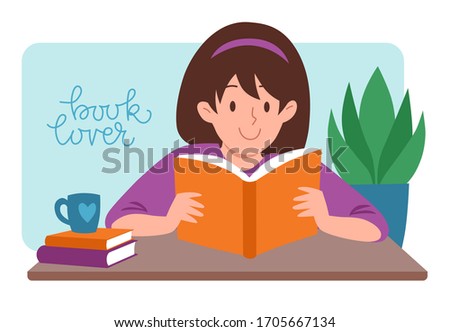 Book lover, cute smiling girl sitting on table with open book and cup. Hand drawn flat vector illustration with lettering on background. Literature fan, education, reading books concept. Stay home.