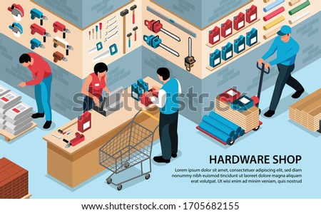 Isometric hardware tools shop horizontal background with text and indoor view of tool store with people vector illustration Royalty-Free Stock Photo #1705682155
