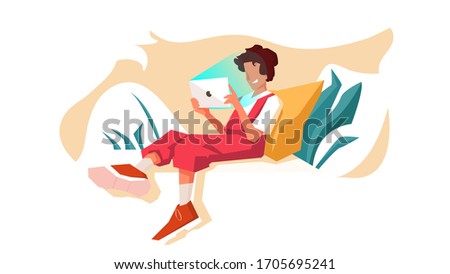 girl smiling laying on a pillow using tablet. pretty girl sitting and surfing the internet on a phone illustration. Vector eps10.woman chilling with a device. Concept of relaxing and joy. Smiling teen