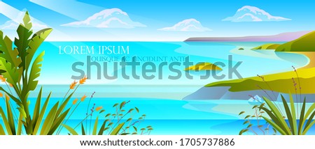 Horizontal tropical landscape with ocean, exotic plants, cliffs, seashore, clouds. Summer seascape with green hills, blue lagoon, copy space. Stock vacation concept for advertisements, travel agencies