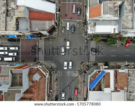 Aerial drone view of intersection in  Bandung, West Java, Indonesia