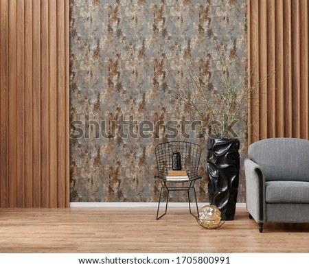Brown wallpaper background, Luxury wall design and grey armchair with black vase of flower.