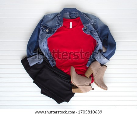 Red tee mockup - cold weather fall tshirt w cotton balls, boots and jeans