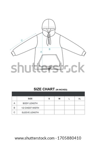 Hoodie with zipper and kangaroo pocket, line sketch and size chart