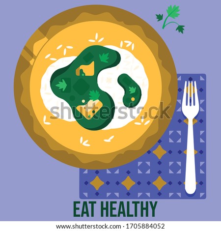 Healthy eating illustration with  rice and vegetable on the table with fork for promotional banners