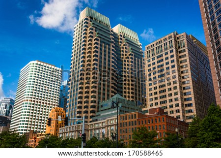 Looking up at modern buildings in Boston, Massachusetts.