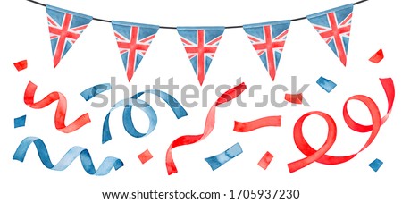 Bright set with party streamers, confetti and British flag bunting. Hand painted watercolour illustration on white, cutout clipart elements for design decoration, "Happy Birthday" card, travel banner.