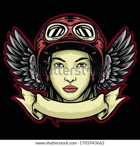 lady biker with helmet and wings logo vintage design vector mascot