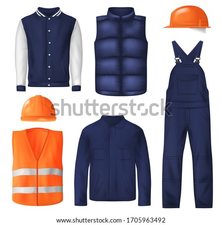 Work and sports wear vector design of men clothes. Worker uniform jacket, orange safety helmets or hard hats, high visibility vest with reflective strips, bib overall, sport vest and bomber jacket Royalty-Free Stock Photo #1705963492