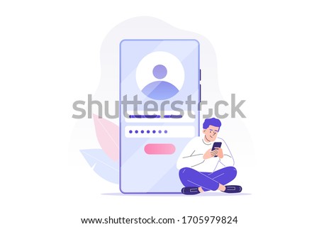 Online registration and sign up concept. Young man signing up or login to online account on smartphone app. User interface. Secure login and password. Vector illustration for UI, mobile app, web  Royalty-Free Stock Photo #1705979824