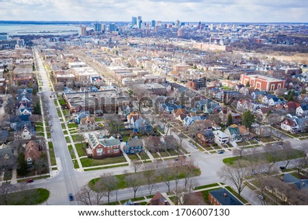 An aerial view of the Milwaukee Wisconsin skyline taken from the 2800 block of North Farwell Avenue April 2020.