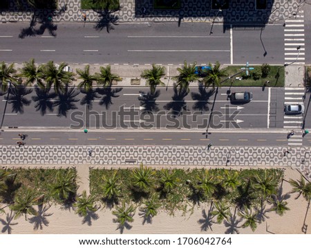 Top down aerial view of Ipanema boulevard with cars passing on the avenue flanked by palm trees and pedestrian crossing with people biking and walking on the bike path and sidewalk aside