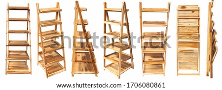 Wooden foldable shelving isolated. Wooden furniture.
