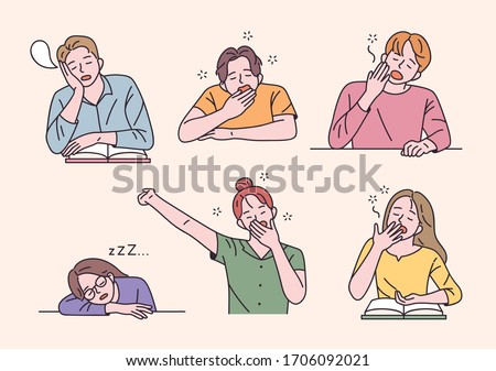 Students are sitting at the desk and yawning with a sleepy face. flat design style minimal vector illustration.