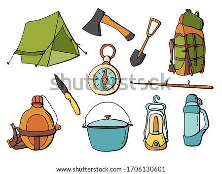 Tourist set. Camping. Tent, backpack, compass, ax, shovel, bowler hat, lantern, thermos, flask, knife, fishing rod. Cartoon style illustration. White background, isolate. Stock Illustration.