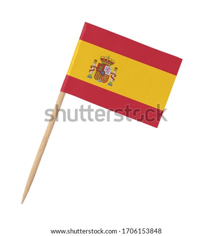 Small paper Spanish flag on wooden stick, isolated on white Royalty-Free Stock Photo #1706153848