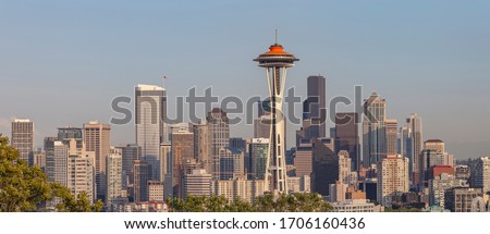 Seattle skyline panorama at sunset Washington state.
